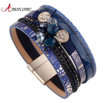 Amorcome Винтажный Синий Кожаный браслет ручной работы для женщин, женский браслет со стразами, Широкий браслет-манжета, Модный ювелирный подарок