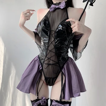 Черный Маленький Демон Женский костюм дьявола для косплея, нижнее белье, сексуальное озорное боди-платье с глянцевой искусственной кожей и креплениями