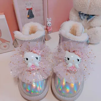 Короткие зимние ботинки из аниме Kawaii Sanrio с милым рисунком Hello Kittys, водонепроницаемые, сохраняющие тепло, Мягкая подошва, глянцевая хлопковая обувь, подарки для детей