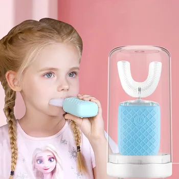 360 ° Детская автоматическая электрическая зубная щетка U-образной формы 6-режимные силиконовые звуковые зубные щетки для отбеливания детских зубов IPX7 Blue Light